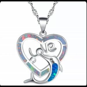 925 Silver Fire Opal LOVE Dolphin Necklace
